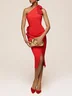 Red 3D Floral One-Shoulder Sheath Midi Dress