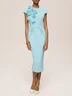 Blue 3D Floral Cap Sleeve Sheath Midi Dress