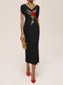 Black Floral Embroideried V Neck Sleeveless Slit Sheath Midi Dress