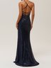 Navy Blue Ruched Slit Sequin Spaghetti Gallus Sheath Gown