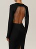 Black Fringed Beaded V Neck Long Sleeve Sheath Midi Dress