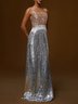 Silver Tassel Beaded Sequin Spaghetti Sleeveless A-Line Gown