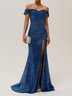 Blue Ruched Slit Sequin Off The Shoulder Short Sleeve Sheath Gown