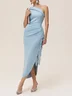 Light Blue Lace Ruched Classic One Shoulder Sleeveless Sheath Midi Dress