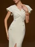 Off White Ruched V Neck Short Sleeve Slit Sheath Maxi Dress