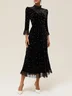 Black Beaded Velvet Mock Neck Three Quarter Sleeve A-Line Midi Dress