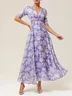 Purple Floral Short Sleeve A-Line Maxi Chiffon Dress