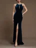 Dark Blue Slit Crew Neck Sleeveless Mermaid Gown Velvet Dress