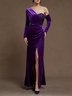 Purple Glitter Ruched Velvet One Shoulder Long Sleeve Sheath Maxi Dress