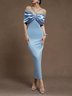 Light Blue Ruched Ruched Satin Off The Shoulder Sleeveless Sheath Midi Dress