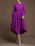 Rose Red Asymmetric Classic Boat Neck Long Sleeve Balloon Sleeve A-Line Midi Dress