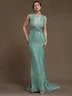 Green Rhinestone Ruched Wedding Dress V Neck Sleeveless Mermaid Gown Dress