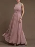 Pink Ruched Chiffon Crew Neck Sleeveless A-Line Maxi Dress