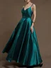 Cyan Satin Spaghetti Gallus A-Line Maxi Dress