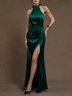 Green Side-Slit Ruched Satin Halter Sleeveless Sheath Maxi Dress