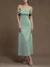 Lightgreen Ruched Satin Off The Shoulder Short Sleeve A-Line Maxi Dress