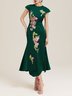 Dark Green Embroidery Satin Crew Neck Cap Sleeve A-Line Maxi Dress