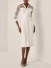 White Mesh Shirt Dress Shirt Collar Long Sleeve Balloon Sleeve Sheath Midi Dress