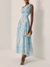 Light Blue Floral Ruched Chiffon One Shoulder Sleeveless A-Line Maxi Dress