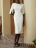 White Imitation Pearls Classic Crew Neck Half Sleeve Sheath Midi Dress