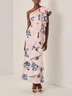 Pink Printing Peplum Satin One Shoulder Sleeveless Sheath Maxi Dress