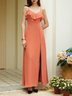 Orange Red Ruffled Chiffon Spaghetti Sleeveless A-Line Maxi Dress
