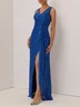 Blue Ruched Prom Dress V Neck Gallus A-Line Maxi Dress