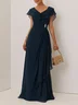 Purplish blue Ruffled Rhinestones Chiffon V Neck Short Sleeve A-Line Maxi Mother of the Bride or Groom Dress
