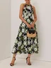 Green Floral Hollow Out Chiffon Crew Neck Sleeveless A-Line Maxi Dress