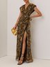 Brown Wrap Dress V Neck Chiffon Floral Sleeveless A-Line Maxi Dress