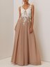 Apricot Lace Pleated Prom Dress V Neck Sleeveless A-Line Maxi Dress