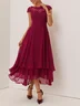 Red Lace Lace Chiffon Crew Neck Cap Sleeve A-Line Maxi Dress