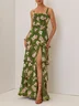 Green Jacquard Classic Spaghetti Chiffon Floral Sleeveless A-Line Maxi Dress