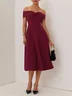 Wine Red Cross Classic Off The Shoulder Short Sleeve A-Line Midi Dress