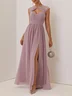 Pink Ruched Lace Chiffon Crew Neck Cap Sleeve A-Line Maxi Dress