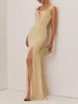 Apricot Ruffled Prom Dress Lotus Leaf Collar Sleeveless Mermaid Maxi Bridesmaid Dress
