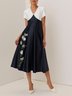 Navy Blue Embroidery Floral Satin V Neck Short Sleeve A-Line Midi Dress
