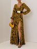 Golden Slit Floral Chiffon V Neck Long Sleeve Balloon Sleeve A-Line Gown Dress
