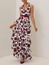 Wine Red Floral Peplum Classic Halter Sleeveless A-Line Maxi Dress