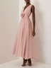 Pink 3D Floral Ruched Chiffon V Neck Sleeveless A-Line Maxi Dress