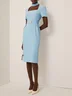 Light Blue Rhinestone Classic Square Neck Short Sleeve Sheath Midi Dress