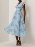 Light Blue Floral Lace Chiffon V Neck Cap Sleeve A-Line Maxi Dress