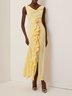 Yellow 3D Floral Peplum Satin Cowl Neck Sleeveless Mermaid Maxi Dress