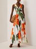 Orange Floral Satin V Neck Sleeveless A-Line Maxi Dress
