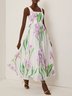 White Pleated Floral Chiffon Square Neck Sleeveless A-Line Maxi Dress