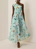 Light Green Floral Ruched One Shoulder A-Line Maxi Chiffon Dress