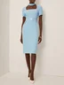 Light Blue Rhinestone Classic Square Neck Short Sleeve Sheath Midi Dress