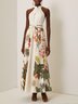Beige Floral Bow Satin Halter Sleeveless A-Line Maxi Dress