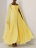 Yellow Pleated Chiffon Square Neck Long Sleeve A-Line Gown Dress
