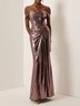 Dark Rose Glod Metallic Ruched Satin Off The Shoulder Sleeveless Sheath Corset Maxi Dress